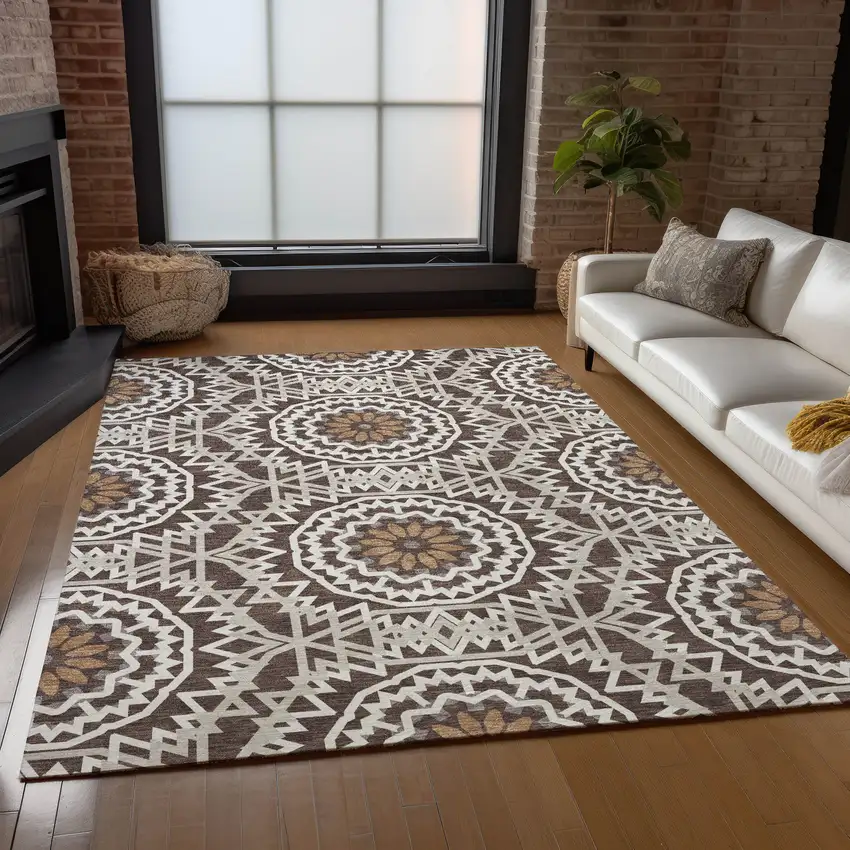 Chocolate Ivory And Taupe Floral Medallion Washable Indoor Outdoor Area Rug Photo 9