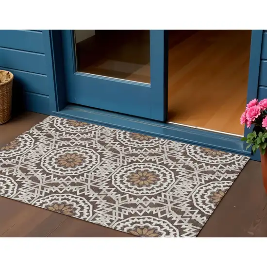 Chocolate Ivory And Taupe Floral Medallion Washable Indoor Outdoor Area Rug Photo 1