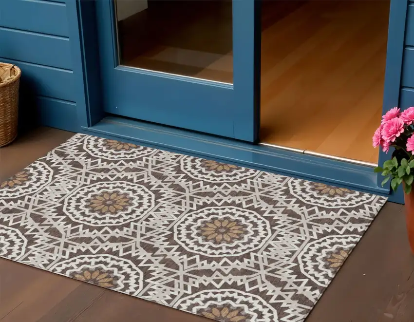 Chocolate Ivory And Taupe Floral Medallion Washable Indoor Outdoor Area Rug Photo 1