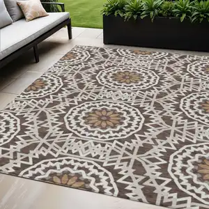 Photo of Chocolate Ivory And Taupe Floral Medallion Washable Indoor Outdoor Area Rug