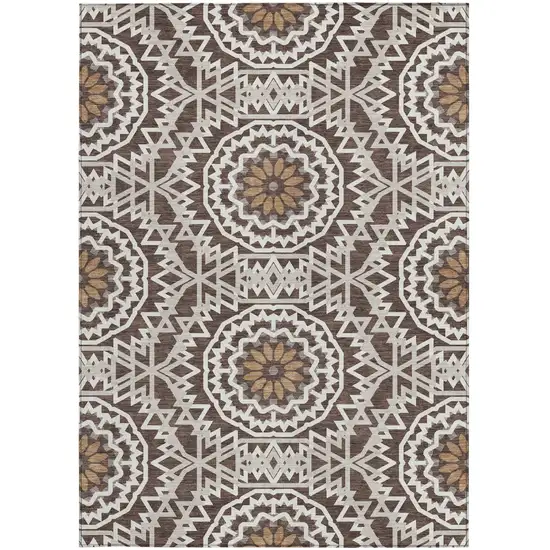 Chocolate Ivory And Taupe Floral Medallion Washable Indoor Outdoor Area Rug Photo 6