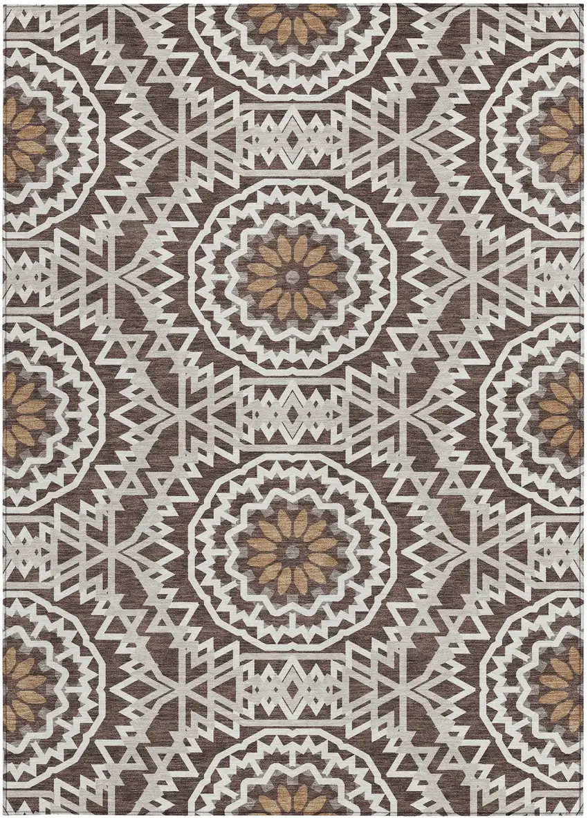 Chocolate Ivory And Taupe Floral Medallion Washable Indoor Outdoor Area Rug Photo 6