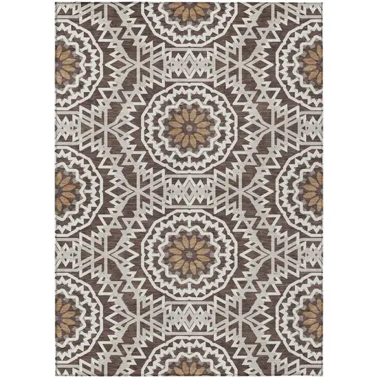 Chocolate Ivory And Taupe Floral Medallion Washable Indoor Outdoor Area Rug Photo 2