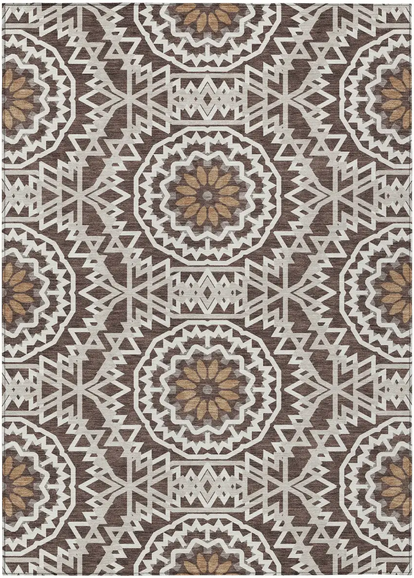 Chocolate Ivory And Taupe Floral Medallion Washable Indoor Outdoor Area Rug Photo 2