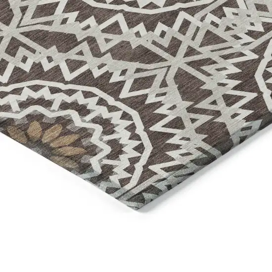 Chocolate Ivory And Taupe Floral Medallion Washable Indoor Outdoor Area Rug Photo 5