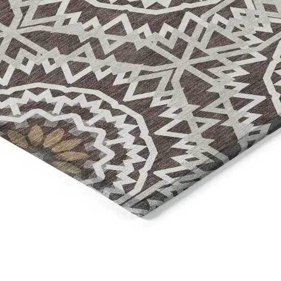 Chocolate Ivory And Taupe Floral Medallion Washable Indoor Outdoor Area Rug Photo 5