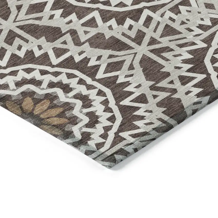 Chocolate Ivory And Taupe Floral Medallion Washable Indoor Outdoor Area Rug Photo 5