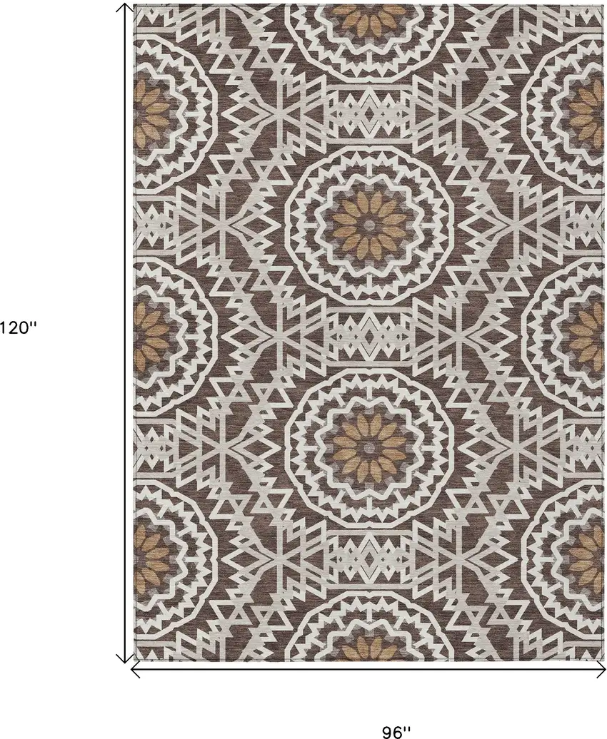 Chocolate Ivory And Taupe Floral Medallion Washable Indoor Outdoor Area Rug Photo 3