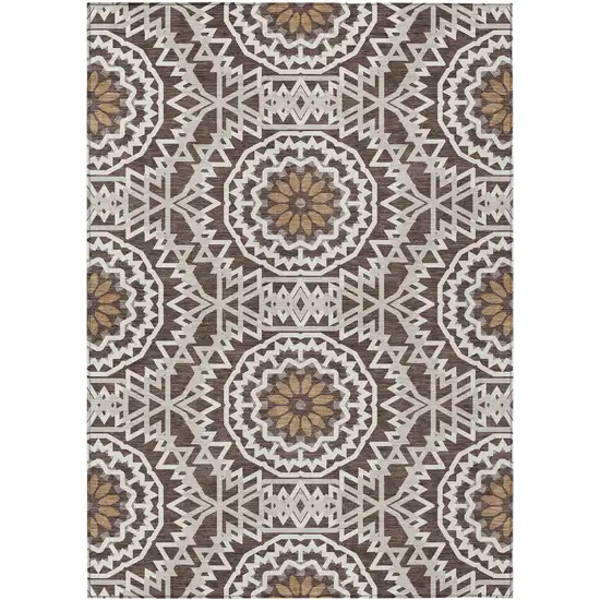 Chocolate Ivory And Taupe Floral Medallion Washable Indoor Outdoor Area Rug Photo 2