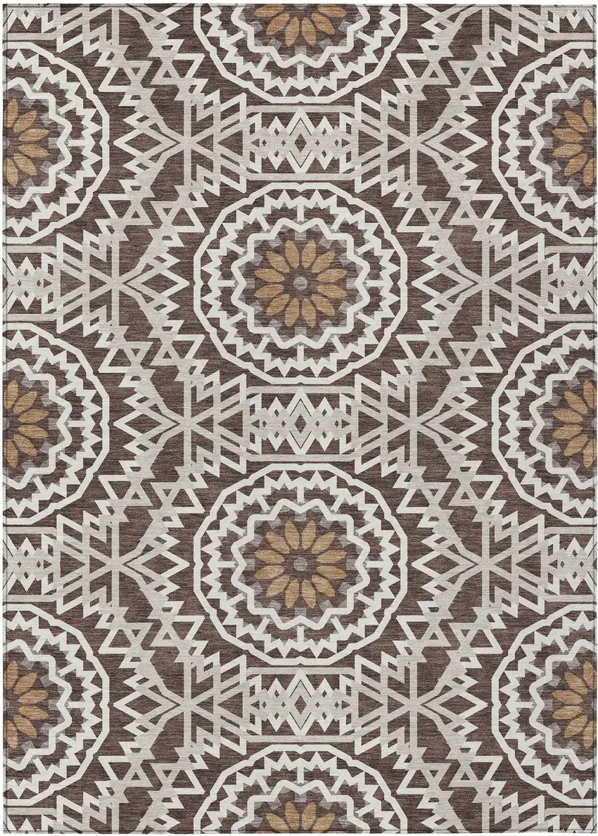 Chocolate Ivory And Taupe Floral Medallion Washable Indoor Outdoor Area Rug Photo 2
