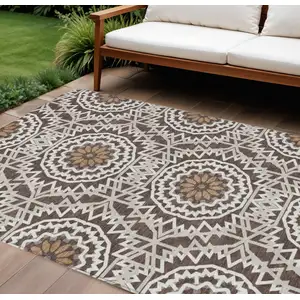 Photo of Chocolate Ivory And Taupe Floral Medallion Washable Indoor Outdoor Area Rug