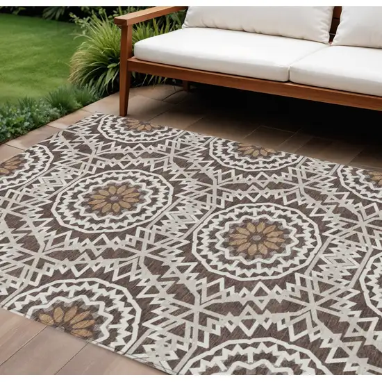 Chocolate Ivory And Taupe Floral Medallion Washable Indoor Outdoor Area Rug Photo 1