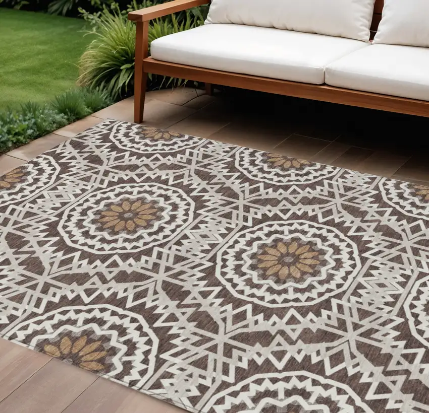 Chocolate Ivory And Taupe Floral Medallion Washable Indoor Outdoor Area Rug Photo 1