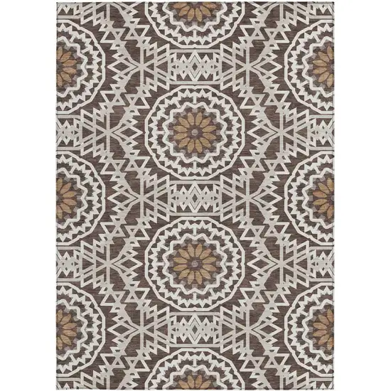 Chocolate Ivory And Taupe Floral Medallion Washable Indoor Outdoor Area Rug Photo 5