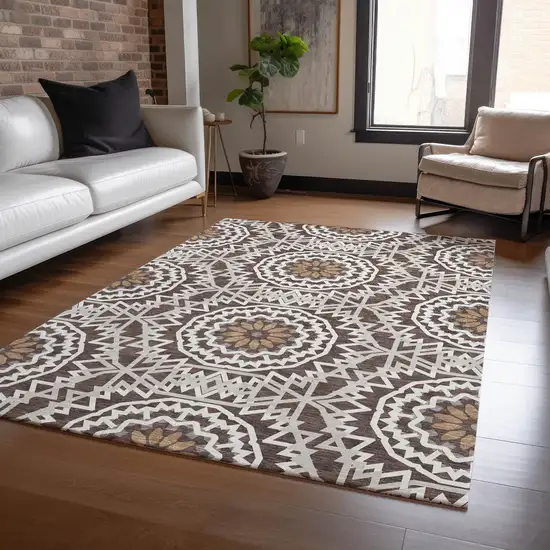 Chocolate Ivory And Taupe Floral Medallion Washable Indoor Outdoor Area Rug Photo 7