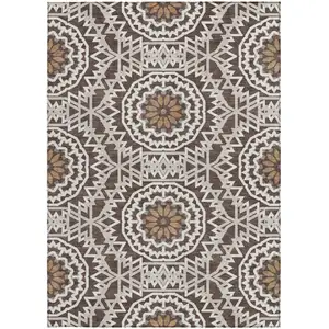 Photo of Chocolate Ivory And Taupe Floral Medallion Washable Indoor Outdoor Area Rug
