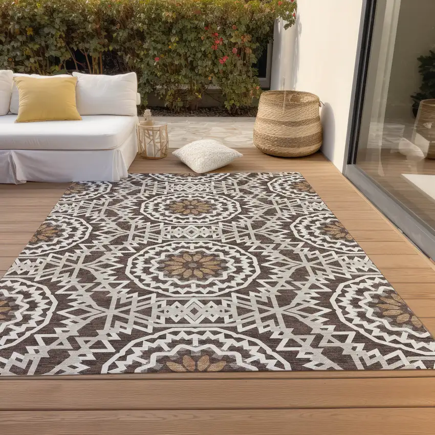 Chocolate Ivory And Taupe Floral Medallion Washable Indoor Outdoor Area Rug Photo 9