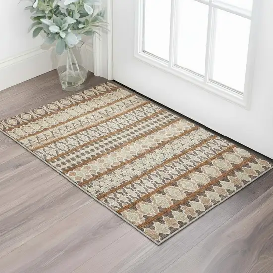Chocolate Ivory And Taupe Ikat Washable Area Rug With UV Protection Photo 2