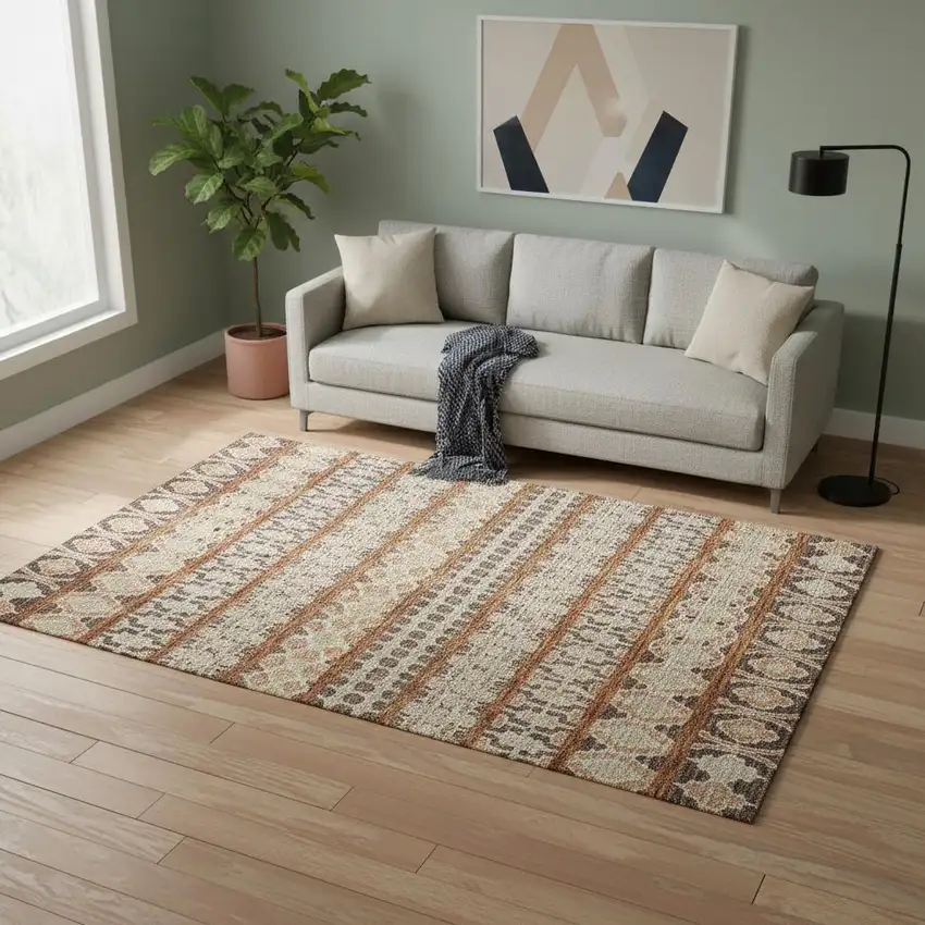 Chocolate Ivory And Taupe Ikat Washable Area Rug With UV Protection Photo 2