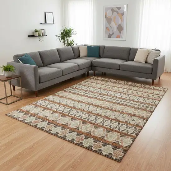 Chocolate Ivory And Taupe Ikat Washable Area Rug With UV Protection Photo 2