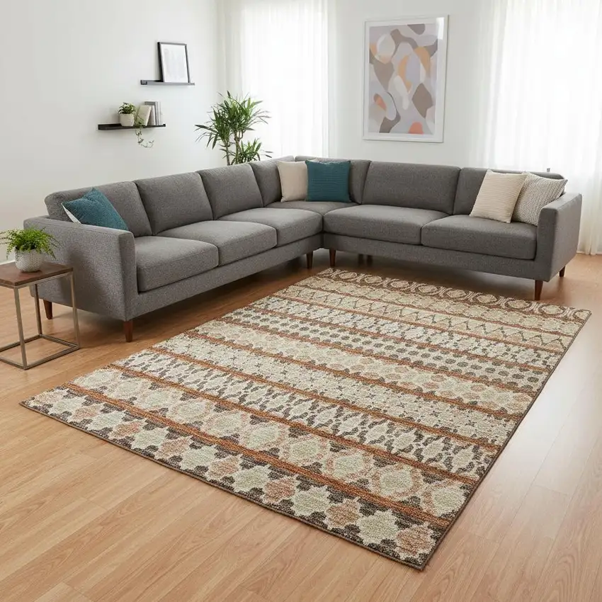 Chocolate Ivory And Taupe Ikat Washable Area Rug With UV Protection Photo 2