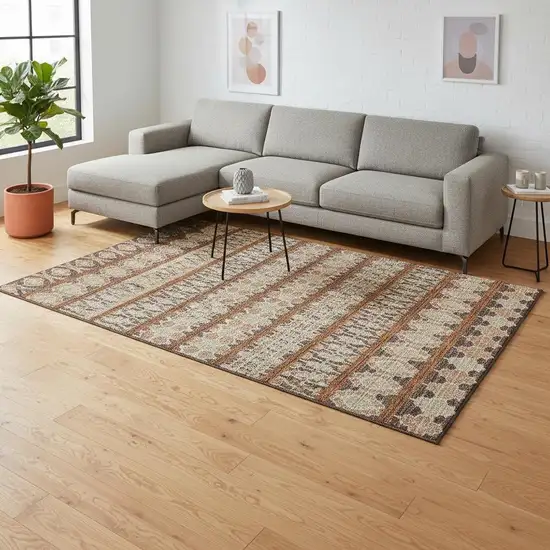 Chocolate Ivory And Taupe Ikat Washable Area Rug With UV Protection Photo 2