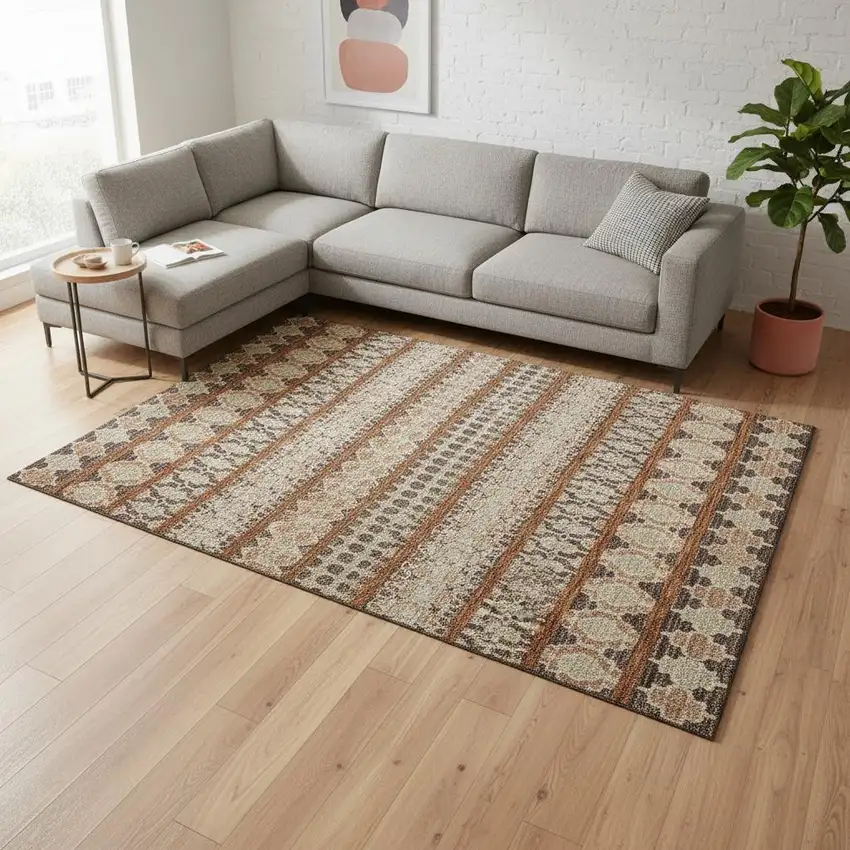 Chocolate Ivory And Taupe Ikat Washable Area Rug With UV Protection Photo 2