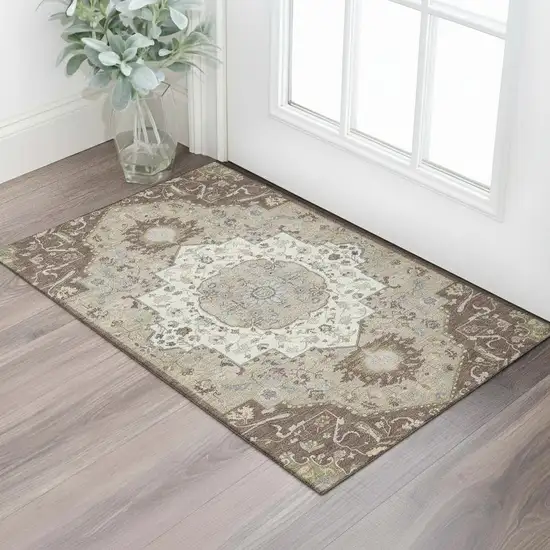 Chocolate Ivory And Taupe Oriental Washable Area Rug With UV Protection Photo 2