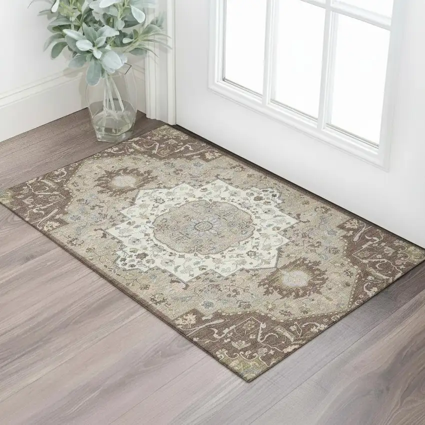 Chocolate Ivory And Taupe Oriental Washable Area Rug With UV Protection Photo 2