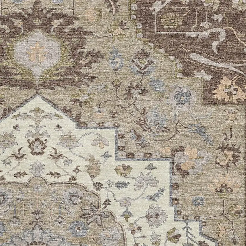 Chocolate Ivory And Taupe Oriental Washable Area Rug With UV Protection Photo 2