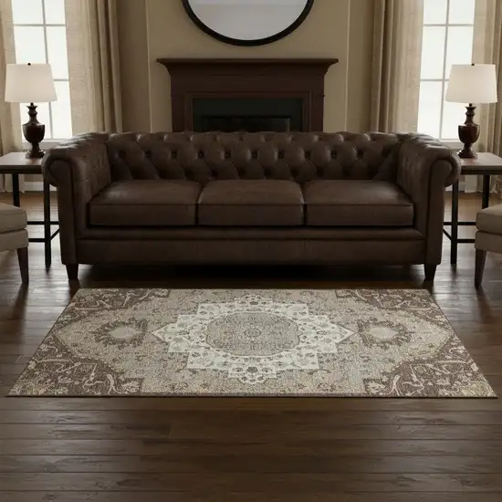 Chocolate Ivory And Taupe Oriental Washable Area Rug With UV Protection Photo 2