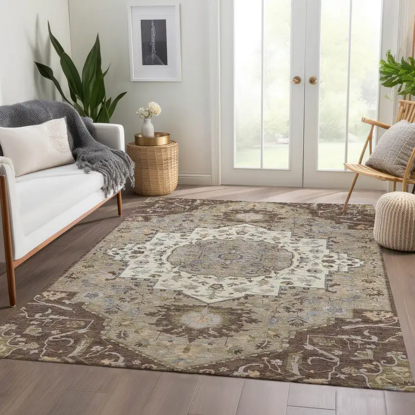 Chocolate Ivory And Taupe Oriental Washable Area Rug With UV Protection Photo 5