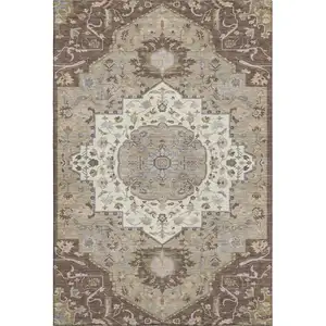 Photo of Chocolate Ivory And Taupe Oriental Washable Area Rug With UV Protection