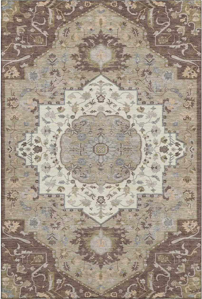 Chocolate Ivory And Taupe Oriental Washable Area Rug With UV Protection Photo 1
