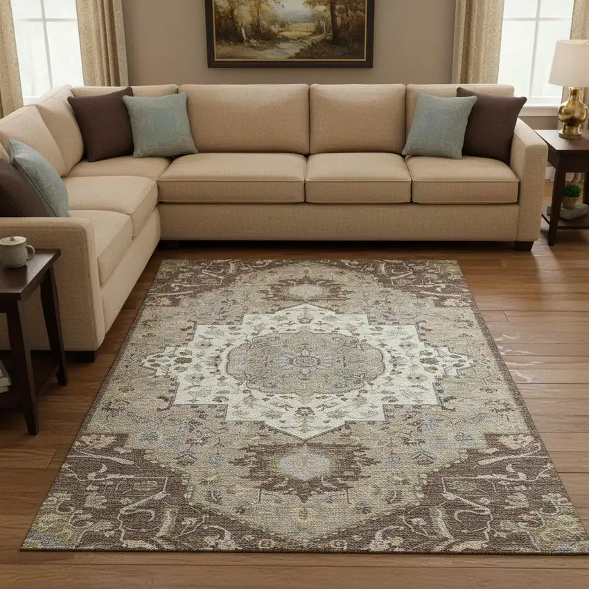 Chocolate Ivory And Taupe Oriental Washable Area Rug With UV Protection Photo 2