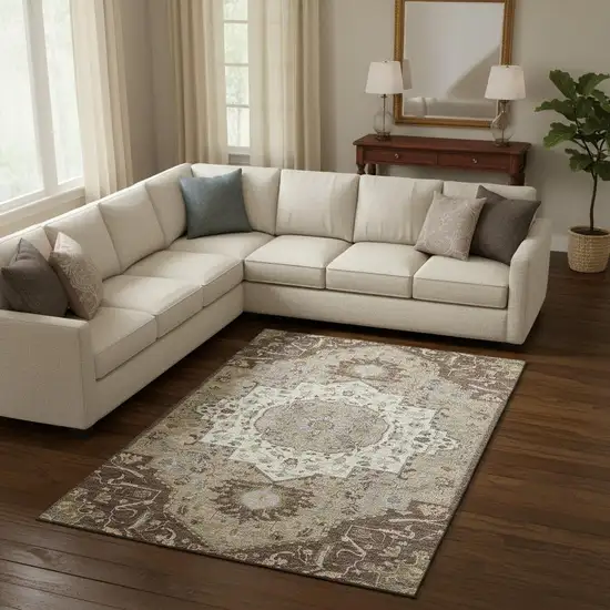 Chocolate Ivory And Taupe Oriental Washable Area Rug With UV Protection Photo 2