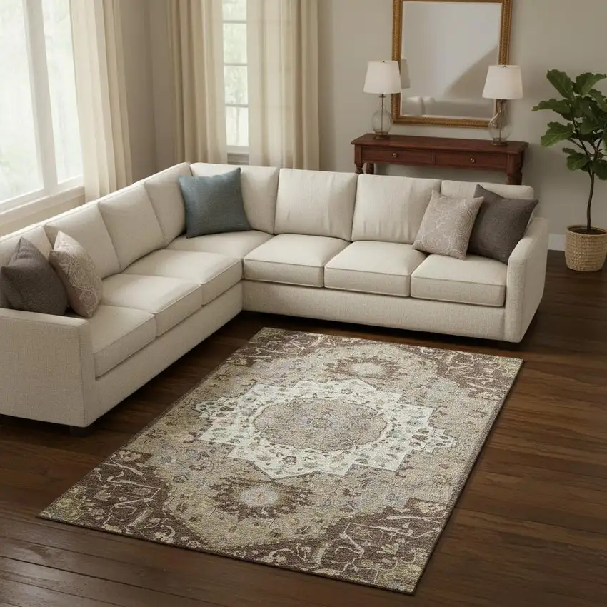 Chocolate Ivory And Taupe Oriental Washable Area Rug With UV Protection Photo 2