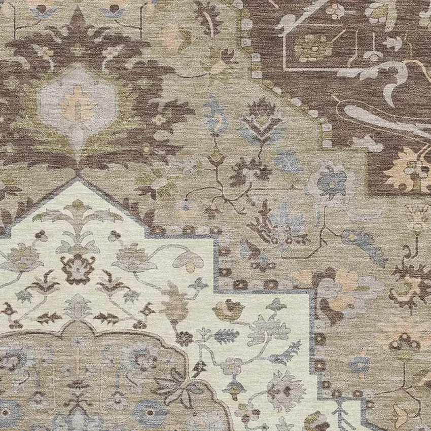 Chocolate Ivory And Taupe Oriental Washable Area Rug With UV Protection Photo 2