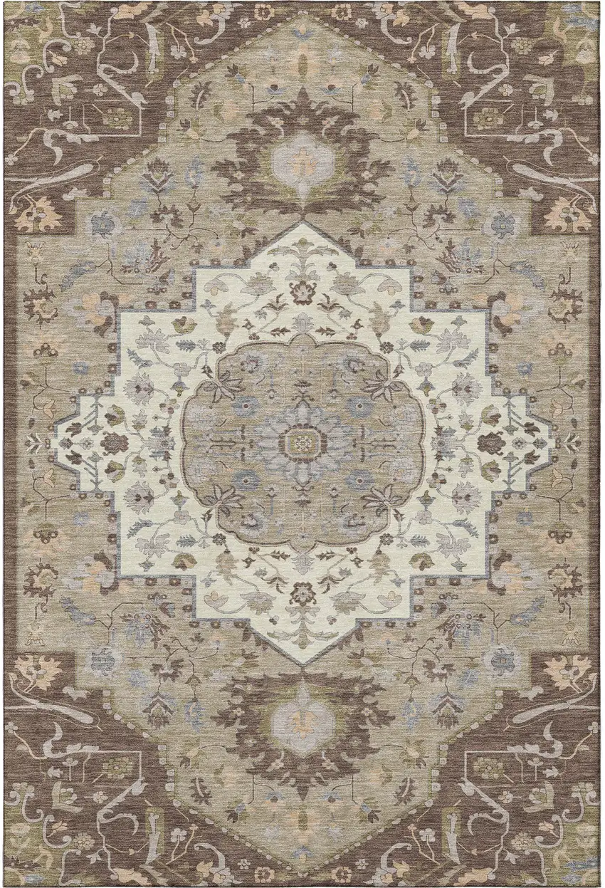 Chocolate Ivory And Taupe Oriental Washable Area Rug With UV Protection Photo 3