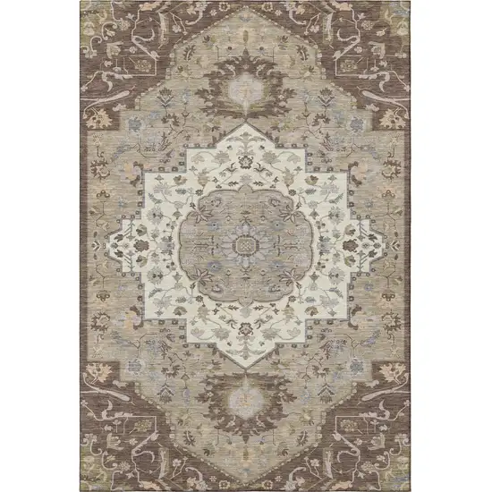 Chocolate Ivory And Taupe Oriental Washable Area Rug With UV Protection Photo 3