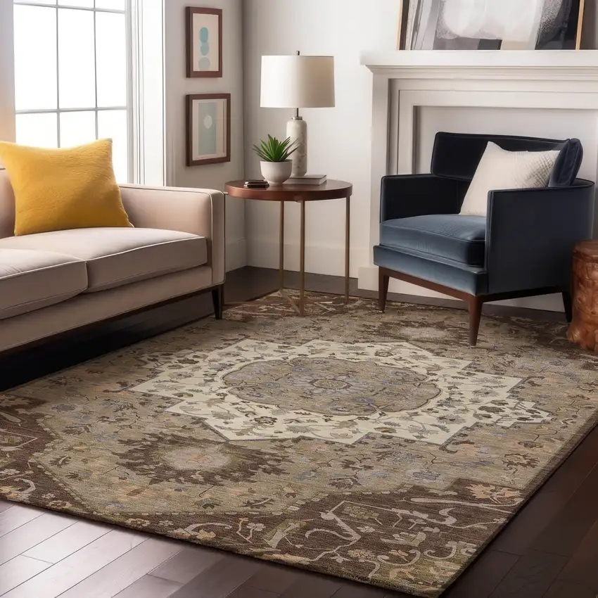 Chocolate Ivory And Taupe Oriental Washable Area Rug With UV Protection Photo 4