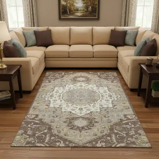Chocolate Ivory And Taupe Oriental Washable Area Rug With UV Protection Photo 2