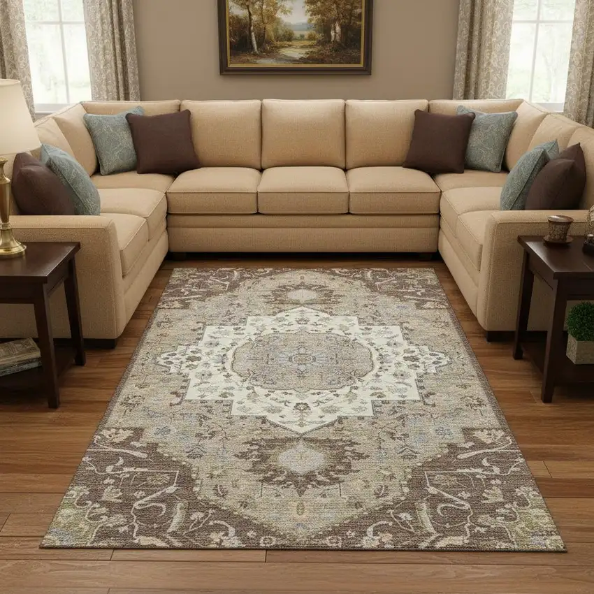 Chocolate Ivory And Taupe Oriental Washable Area Rug With UV Protection Photo 2