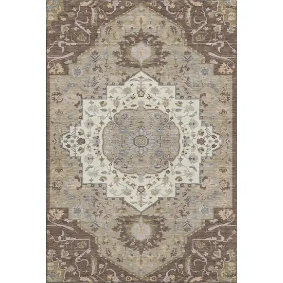 Chocolate Ivory And Taupe Oriental Washable Area Rug With UV Protection Photo 1