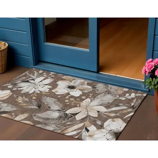 Chocolate Ivory And Wheat Floral Washable Indoor Outdoor Area Rug Photo 1