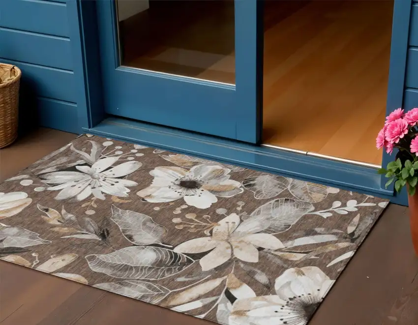 Chocolate Ivory And Wheat Floral Washable Indoor Outdoor Area Rug Photo 1