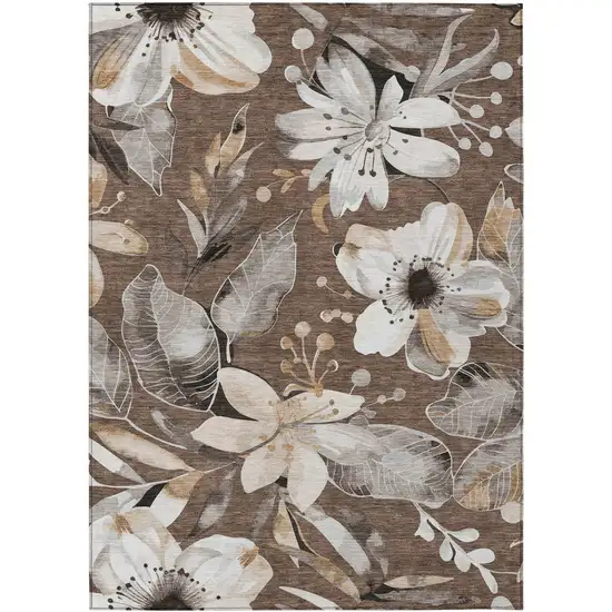 Chocolate Ivory And Wheat Floral Washable Indoor Outdoor Area Rug Photo 2