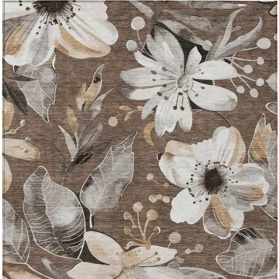 Chocolate Ivory And Wheat Floral Washable Indoor Outdoor Area Rug Photo 4