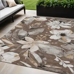 Photo of Chocolate Ivory And Wheat Floral Washable Indoor Outdoor Area Rug