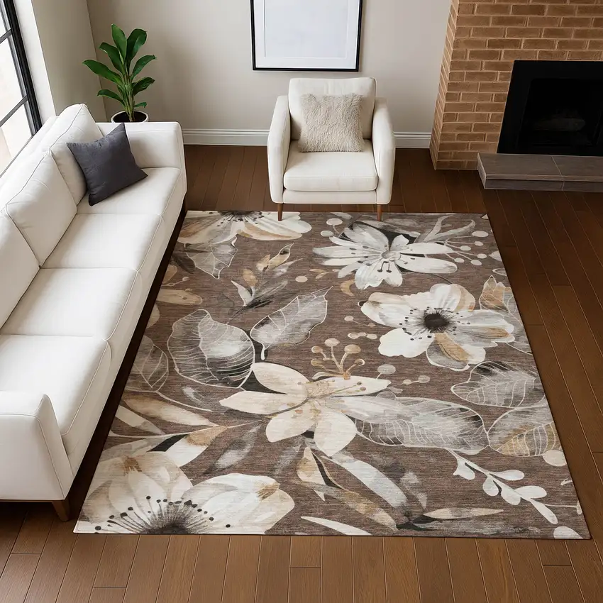 Chocolate Ivory And Wheat Floral Washable Indoor Outdoor Area Rug Photo 9
